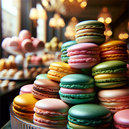 a close-up image of a selection of colorful macaroons, showcasing their detailed texture and vibrant colors